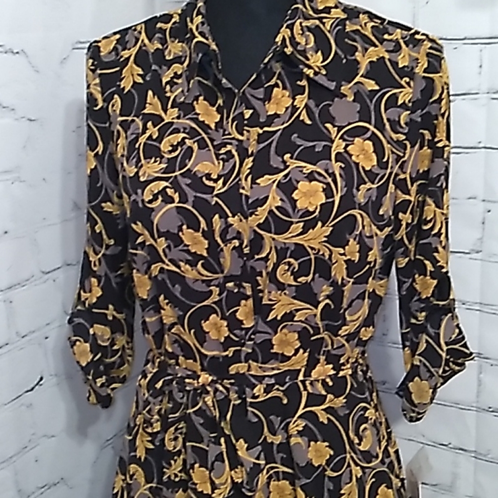 Long Sleeve FloralPrint Pin tuck Shiftdress Black Yellow Nanette Lepore - Picture 10 of 12